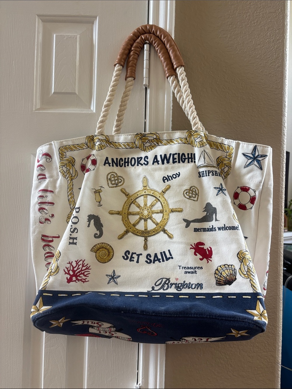 Brighton Nautical Canvas Tote in White, Navy & Gold Accents